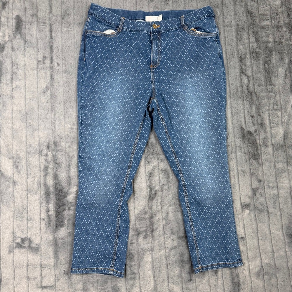 Denim & Co Polka Dot Straight Leg Jeans Blue Womens 18WP Petite Plus Stretch